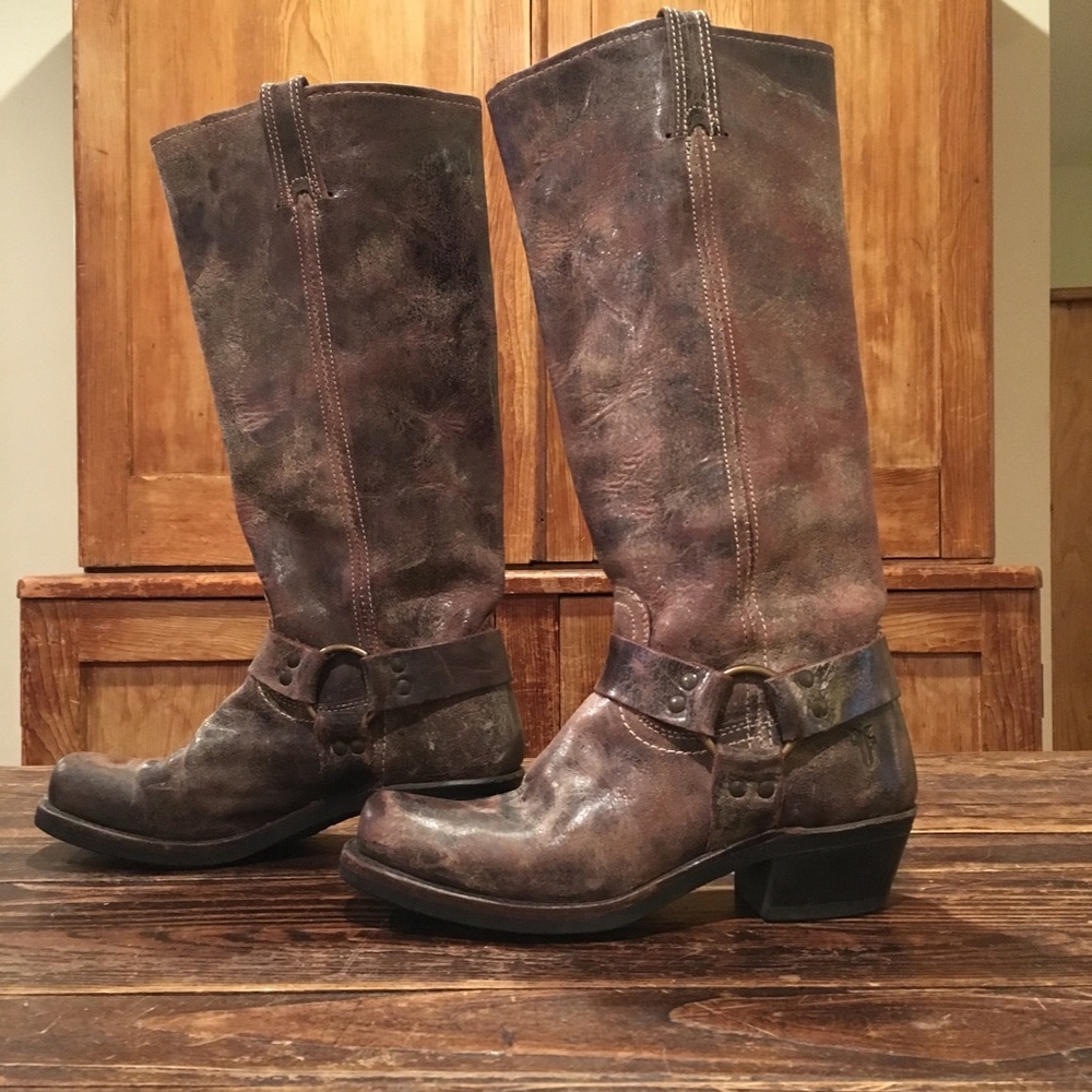 Frye Tall Harness Distressed Leather Boots/Brown